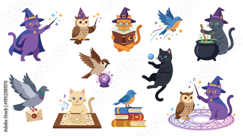 A whimsical collection of magical cats, owls, and birds engaged in enchanting activities, casting spells, reading spellbooks, and brewing potions.