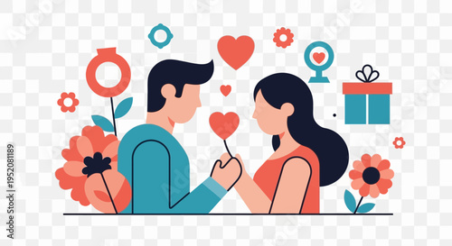 Couple holding hearts surrounded by flowers and gift