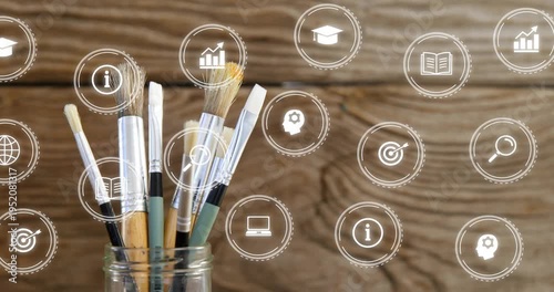 Brushes sitting left at start while business chart icons multiplying, forming overlay for creators