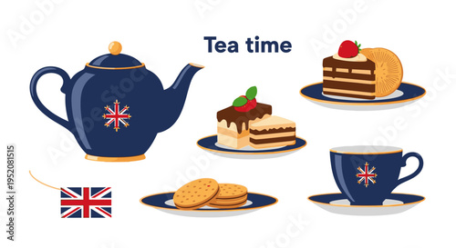Flat lay illustration of British tea time with teapot, cup, cookies, cakes, and Union Jack flag on a white background.