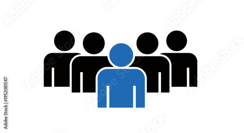 Group of people icon with a highlighted central figure among silhouettes in blue and black.