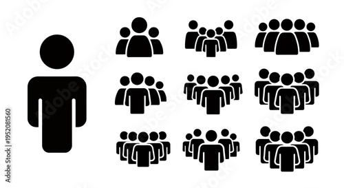 One figure stands in front of a large group representing an audience and multiple attendees.