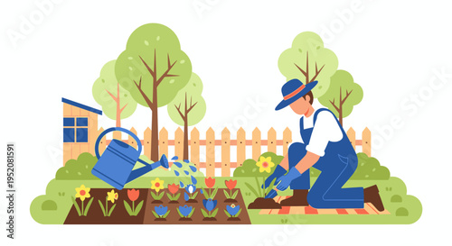 A man in a blue hat and overalls kneels while watering flowers in a garden with a wooden fence and trees in the background.