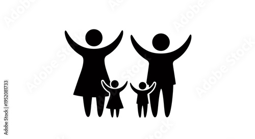 Silhouettes of a joyful family holding hands together, with two adults and two children.