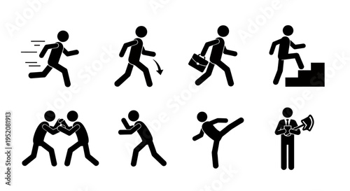 Dynamic collage of stick figure athletes in various sports actions and movements.