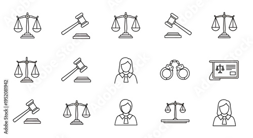 Collection of legal and justice themed icons including scales, gavel, court and related symbols.