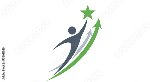 Dynamic abstract logo featuring a victorious figure reaching for a star with curved trails.