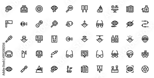Optometrist icon set. Eye care vector icons pack. Includes symbols for myopia, eye exam, contact lens, surgery, glasses, medical prescription and more.