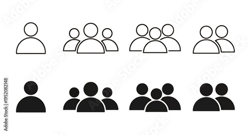 Outline and filled silhouettes of multiple people arranged in groups to convey social interaction and teamwork.