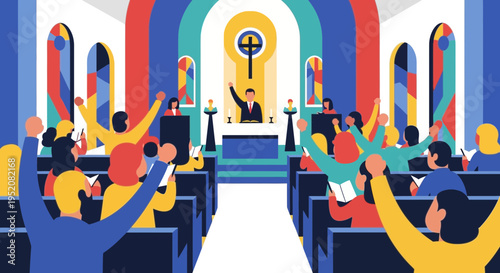 People gathered in a hall with a speaker at the front.