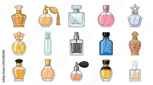 A collection of diverse perfume bottles, showcasing various shapes, sizes, and decorative elements, presented in a clean, organized grid.