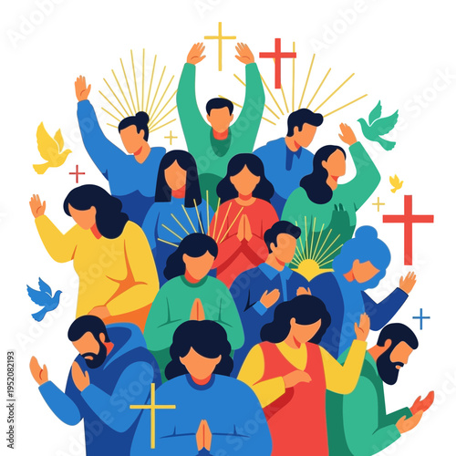 Diverse group of people celebrating with religious symbols.