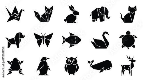 Collection of stylized origami animal silhouettes, including a crane, fox, rabbit, elephant, cat, dog, butterfly, fish, swan, turtle, frog, penguin, owl, whale, and deer.