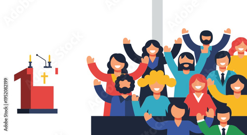 Audience cheering at a podium with microphones.