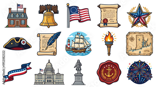 Collection of American Independence Day symbols and historical icons, including buildings, flags, and artifacts.