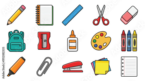 A collection of colorful school and art supplies, including a backpack, pencils, crayons, scissors, and a notepad.