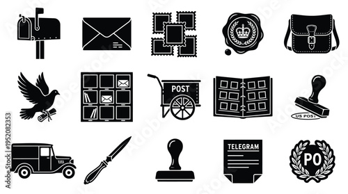 Collection of  icons, including a mailbox, envelope, stamps, wax seal, satchel, pigeon, post office boxes, mail cart, stamp album, rubber stamp, delivery van, letter opener, and telegram.