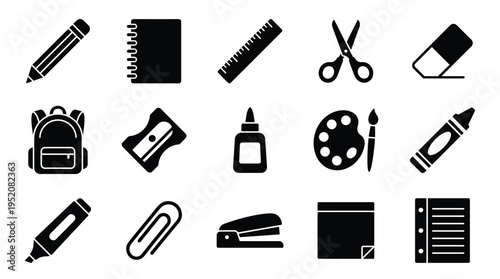 A collection of black and white icons representing various school and office supplies, arranged in a grid.