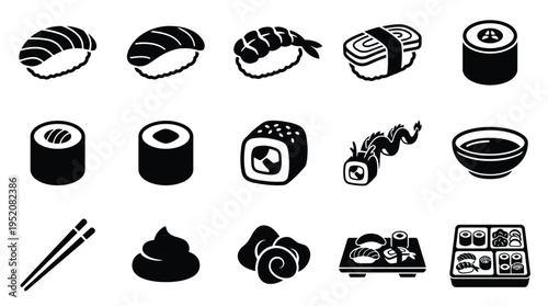 A collection of various sushi and Japanese food items, including nigiri, maki rolls, sashimi, and a bento box, presented in a clean, illustrative style.