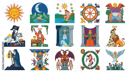 A collection of 15 colorful illustrations depicting various Tarot cards, including the Sun, Moon, Wheel of Fortune, and the Devil.
