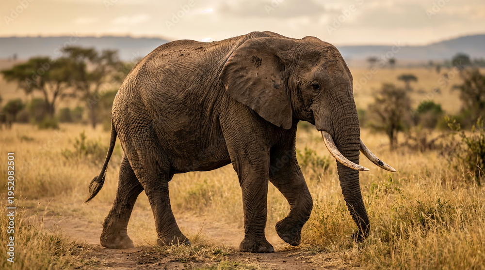 Fototapeta premium Majestic African Elephant Walking Through Golden Savanna Grasslands at Sunrise with Long Curved Tusks