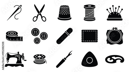 A collection of sewing and tailoring tools, including a sewing machine, scissors, needles, thread, buttons, and other essential crafting supplies.
