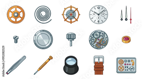 Collection of watchmaking tools and components, including gears, springs, hands, screwdrivers, tweezers, and a watch face.