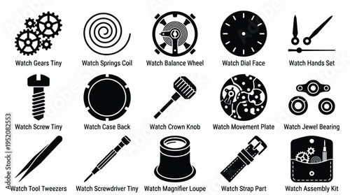 Collection of watch parts and tools, illustrating the intricate components and essential instruments for watchmaking and repair.