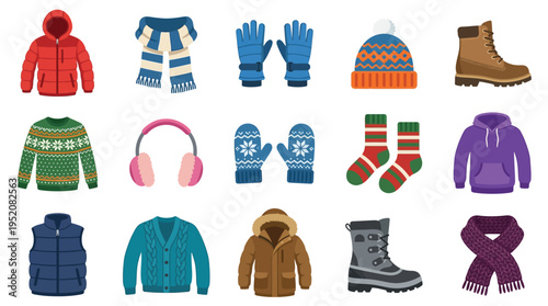 Collection of winter clothing and accessories for men, women, and children, including jackets, sweaters, boots, hats, gloves, and scarves.