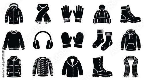 A collection of black and white icons representing various winter clothing and accessories, including jackets, sweaters, hats, scarves, gloves, and boots.