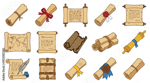 Collection of ancient scrolls, maps, and documents, some sealed with wax, tied with ribbons, and featuring quills and ink, evoking history and knowledge.