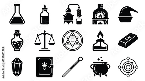 A collection of 15 black and white icons representing alchemy and magic, including flasks, potions, scales, a cauldron, a wand, and a wizard's hat.