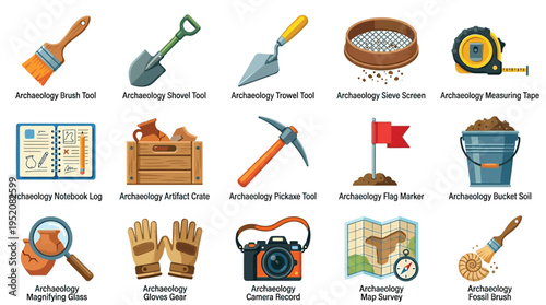 A collection of 15 cartoon-style illustrations depicting various tools and equipment used in archaeological fieldwork and excavation.