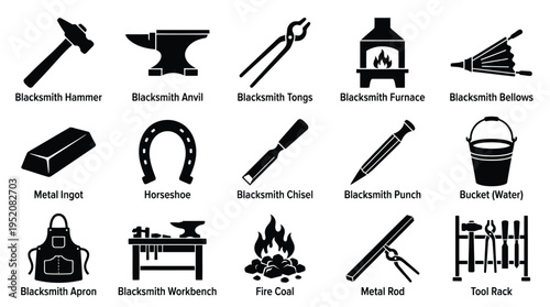 Collection of Blacksmithing Tools and Equipment Icons.