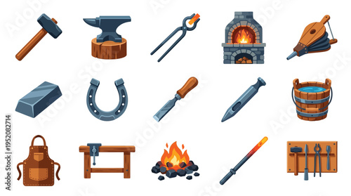 A collection of blacksmithing tools and equipment, including an anvil, hammer, forge, bellows, tongs, chisel, and horseshoe, displayed in a grid.
