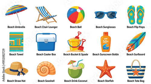 A vibrant collection of beach essentials and accessories, perfect for a sunny day by the sea.