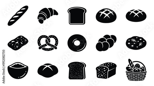 A collection of various baked goods and bread types, including baguettes, croissants, loaves, and pretzels, presented in a clean, graphic style.