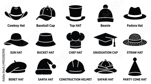 A comprehensive collection of diverse hat styles, including cowboy, baseball, top, beanie, fedora, sun, bucket, chef, graduation, straw, beret, Santa, construction helmet, safari, and party cone hats.