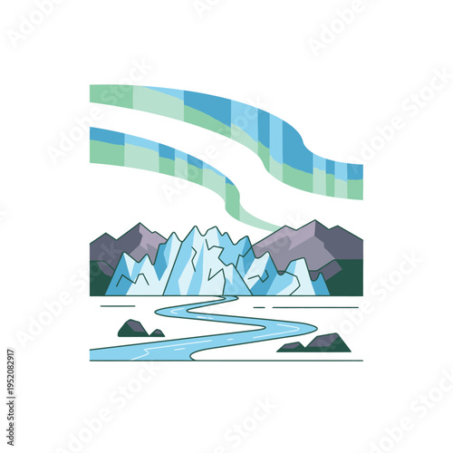 Vibrant Arctic landscape with glacial mountains, winding river, and a mesmerizing aurora borealis display in a stylized, minimalist illustration