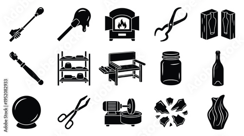 Collection of Black Silhouettes Representing Various Tools and Objects Associated with Glassblowing and Craftsmanship.