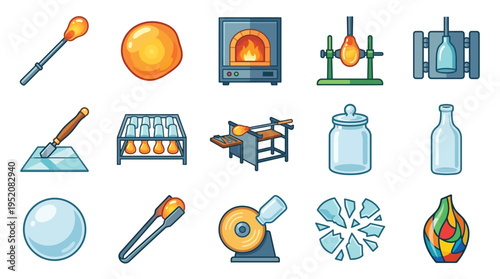 A collection of colorful cartoon icons representing the art and process of glassblowing and glassmaking.
