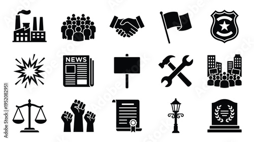 A collection of 15 black and white icons representing various concepts related to society, politics, and labor.