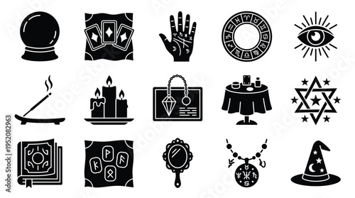 A collection of black and white glyphs representing various mystical and occult symbols, including a crystal ball, tarot cards, a palmistry hand, runes, and a witch's hat.