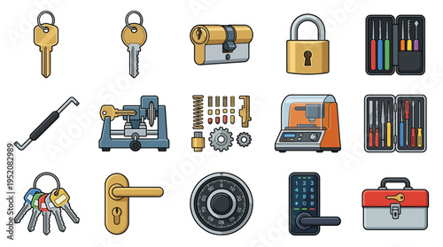 Collection of locksmith tools and security devices, including keys, locks, key cutting machines, and digital entry systems.