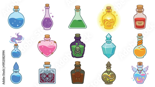 A vibrant collection of fantasy potions in various shapes and colors, evoking magic and mystery.