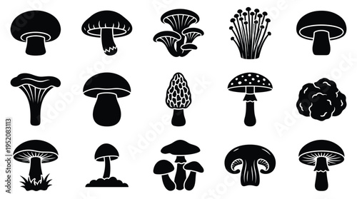 Collection of various mushroom silhouettes, showcasing different shapes and forms of fungi in black and white.