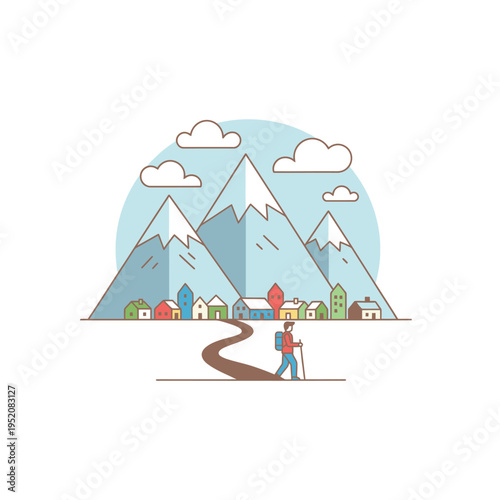Winter village nestled at the foot of majestic snowy mountains with a hiker on a path