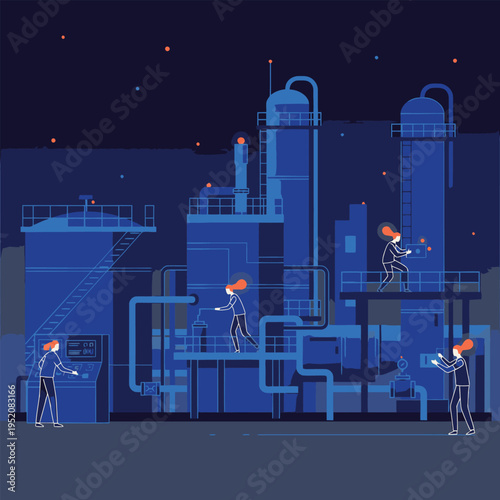 Workers Inspecting Industrial Chemical Plant at Night.