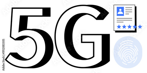 5G graphic alongside a user profile card, fingerprint icon, and rating stars. Ideal for tech advancement, communication, cybersecurity, identity authentication, networks, IoT and biometrics