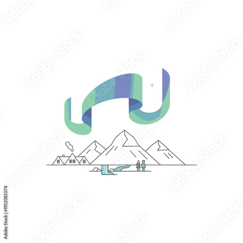 Northern Lights Over Snowy Mountains and Cozy Village Landscape Illustration